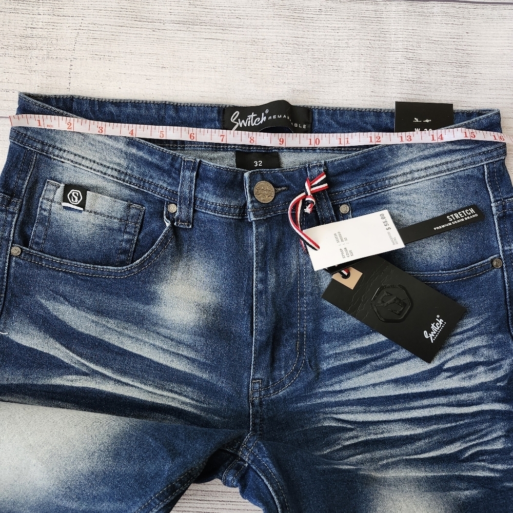 Men's Stretch Blue Denim Shorts Skinny Fit - Picture 8 of 10